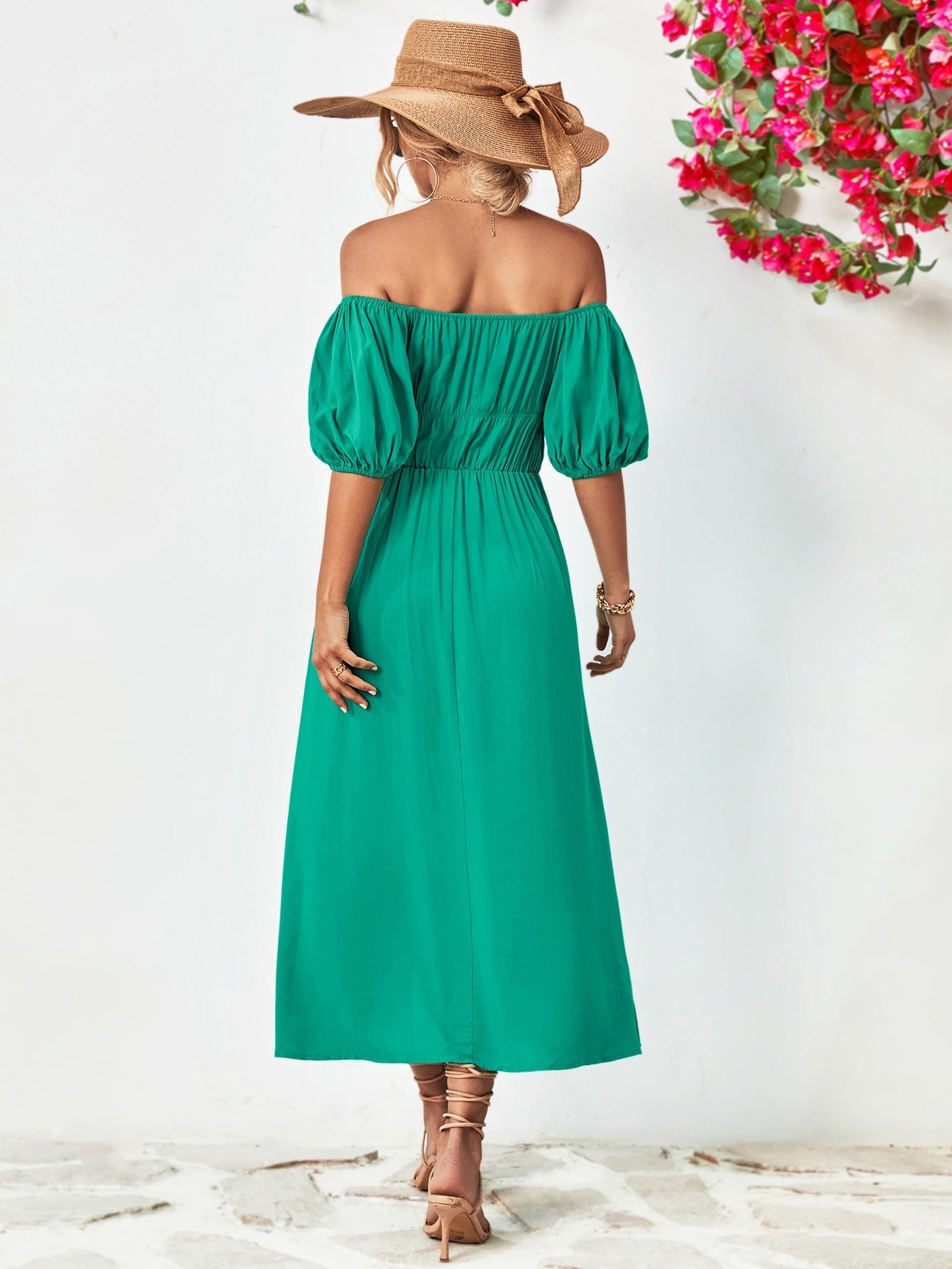 Off-Shoulder Balloon Casual Sleeve Midi Dress