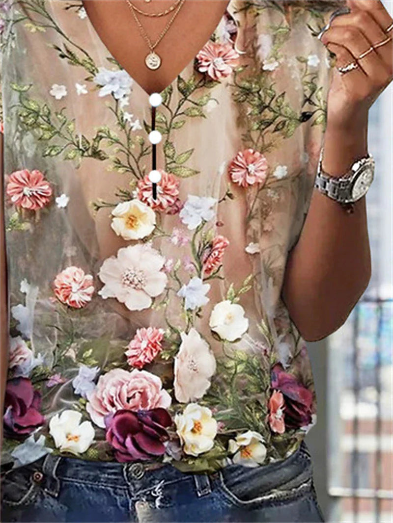 PINK FLORAL BUTTON-UP TEE