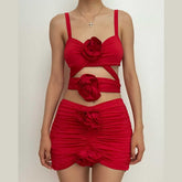 Solid ruched hollow out flower applique backless mini dress