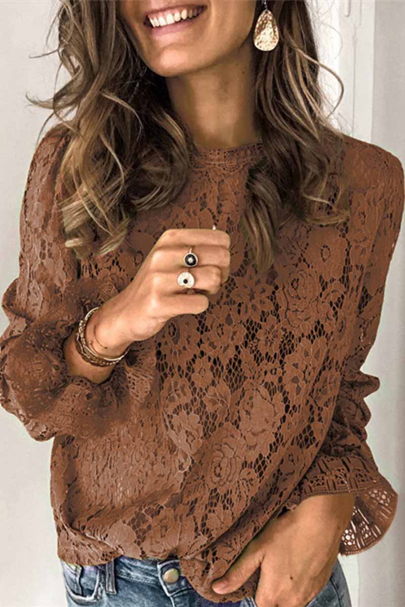 Long Sleeve Openwork Lace Blouse(5 Colors)