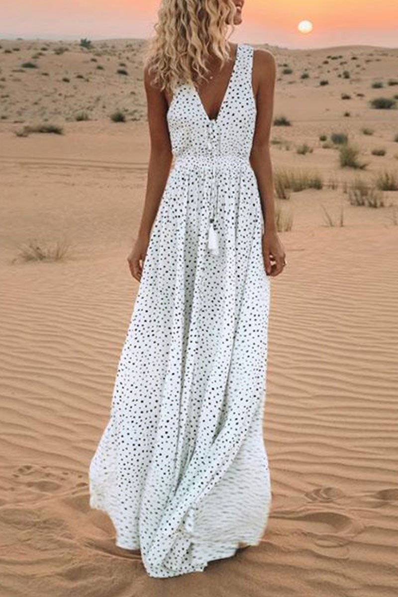 CityHottie V Neck Dot Printed Floor Length Dress(3 Colors)