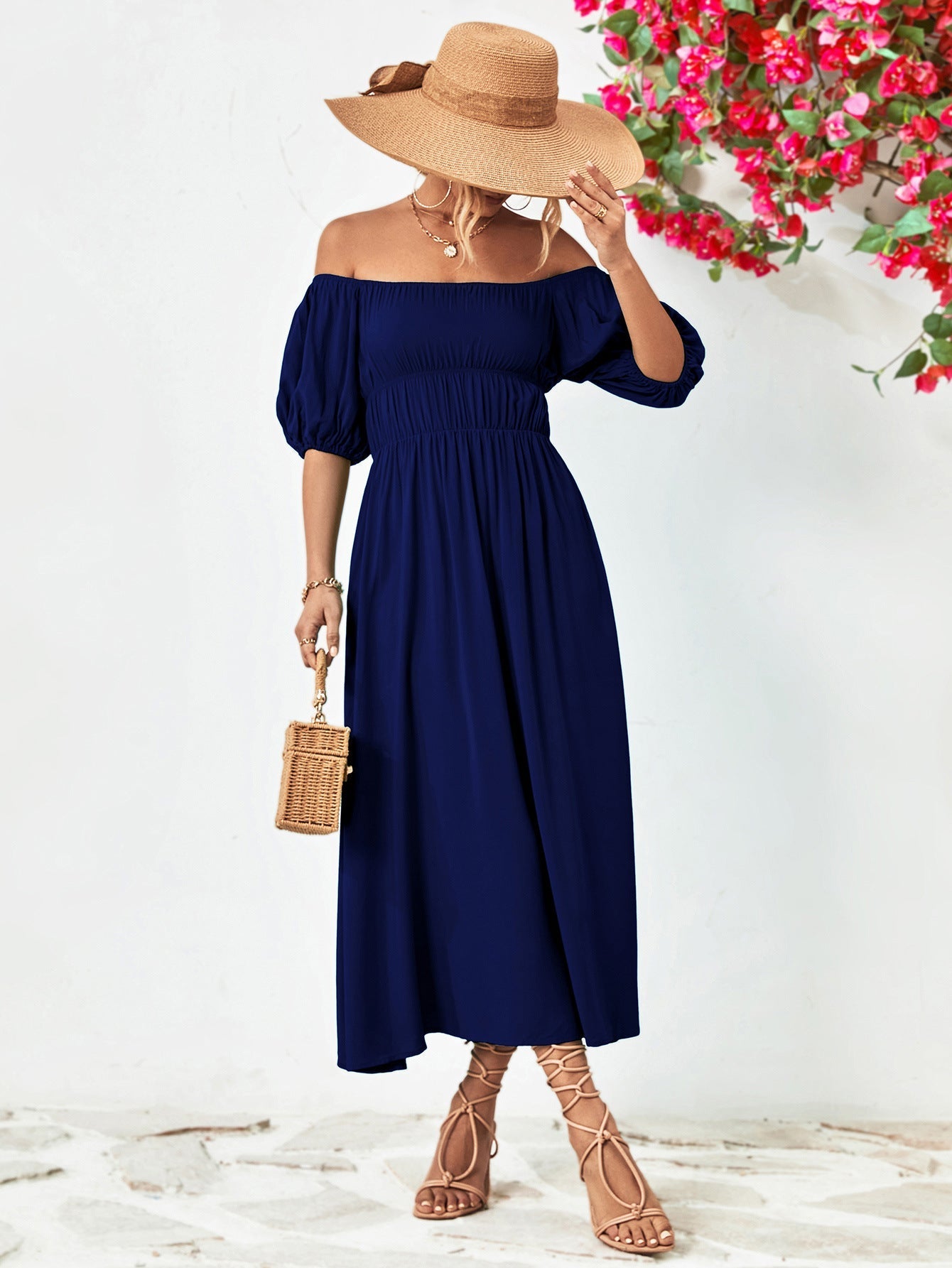 Off-Shoulder Balloon Casual Sleeve Midi Dress Dark Navy casual dress casual dresses clothes midi dress midi dresses Ship From Overseas short sleeve dress short sleeve dresses YO