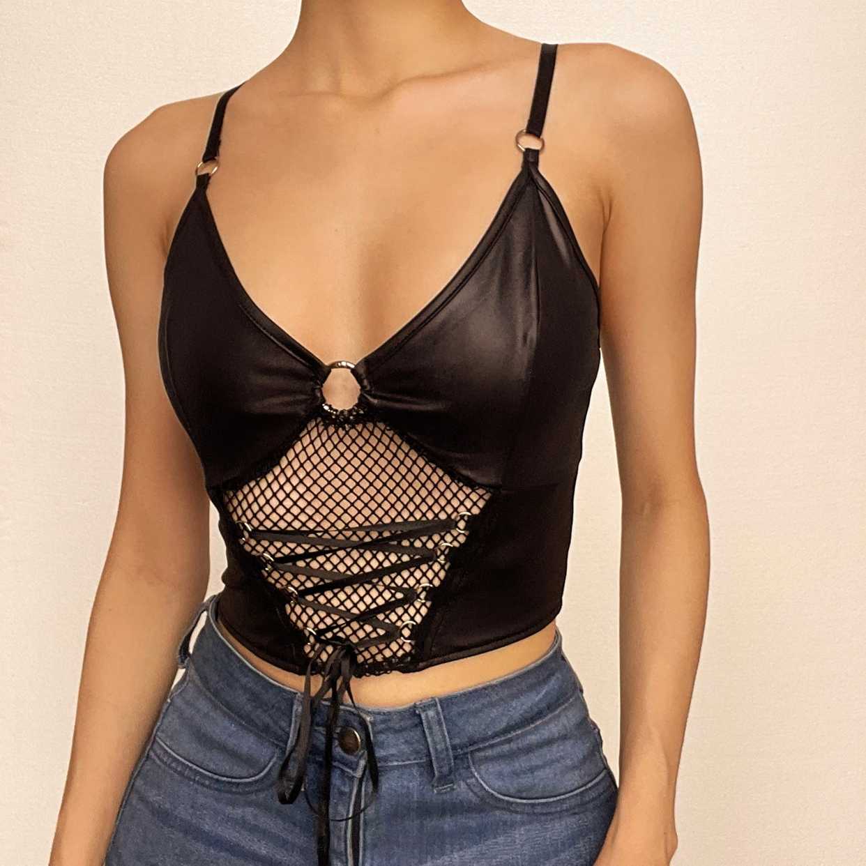 Backless v neck o ring lace up fishnet hollow out solid cami crop top - Final Sale