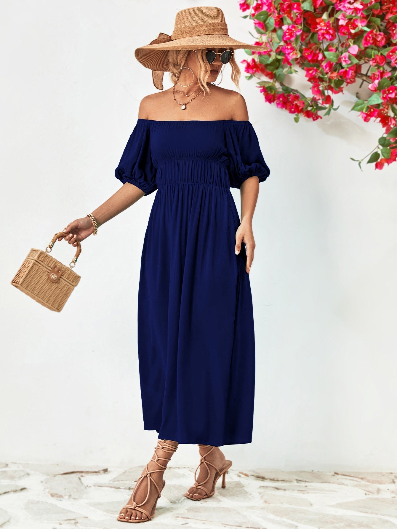 Off-Shoulder Balloon Casual Sleeve Midi Dress
