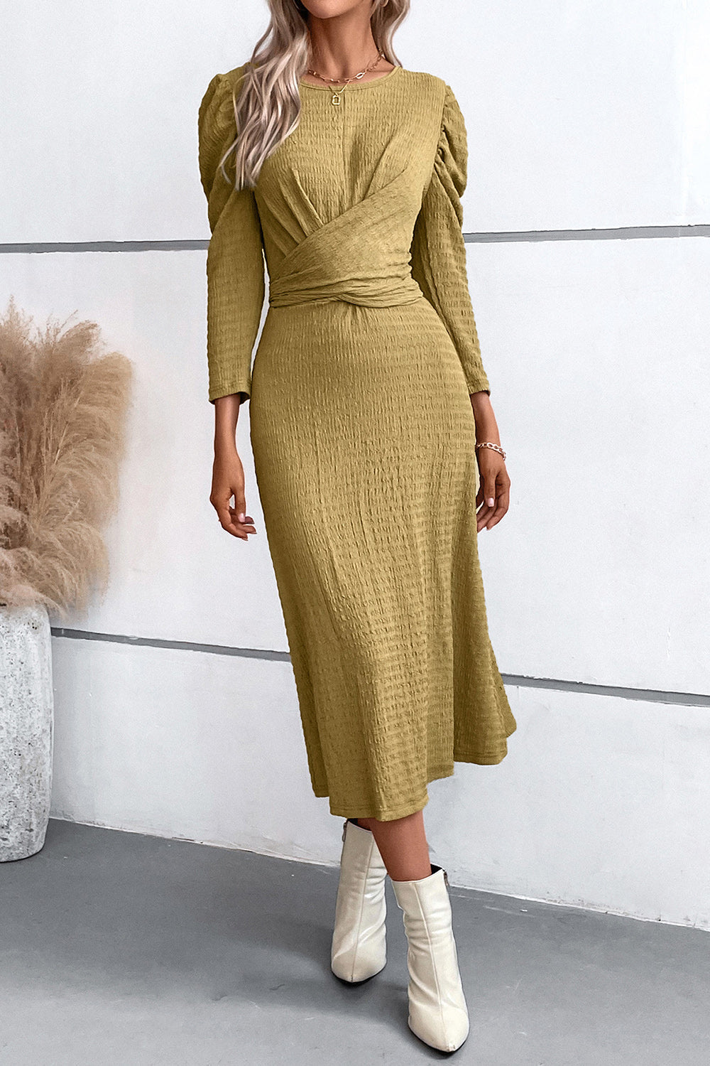 Crisscross Tied Puff Casual Long Sleeve Midi Dress