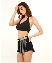 BLACK HIGH WAIST DRILL CHAIN DENIM SHORTS