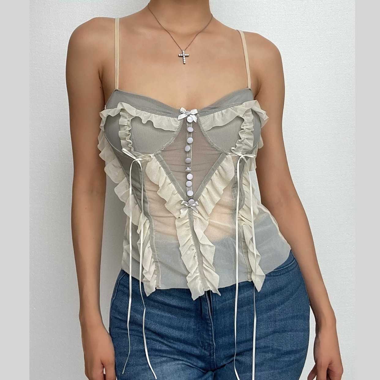 Mesh patchwork ruffle button contrast backless cami crop top