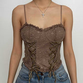 Lace button bustier lace up sweetheart neck cami crop top - Final Sale