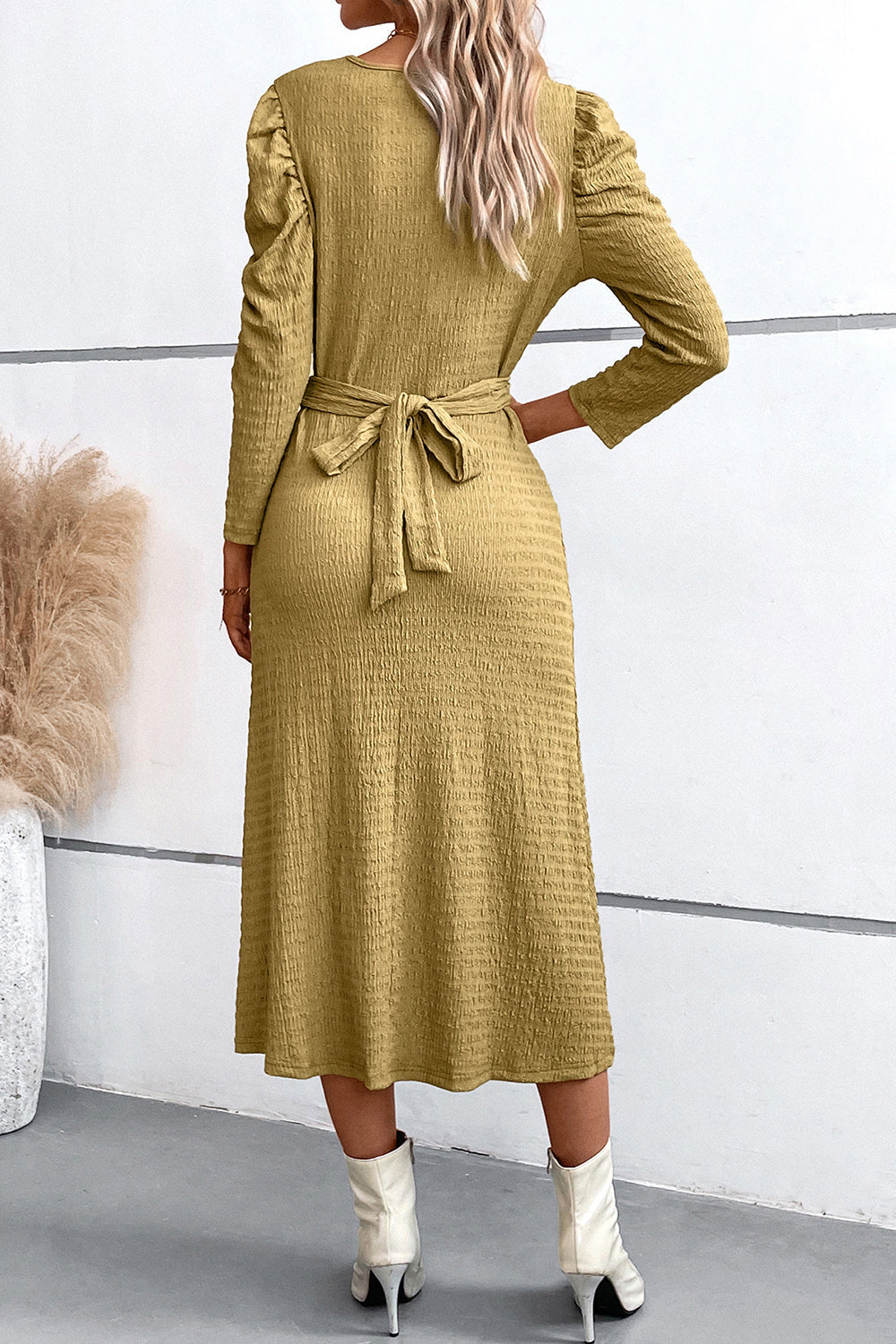 Crisscross Tied Puff Casual Long Sleeve Midi Dress