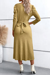 Crisscross Tied Puff Casual Long Sleeve Midi Dress