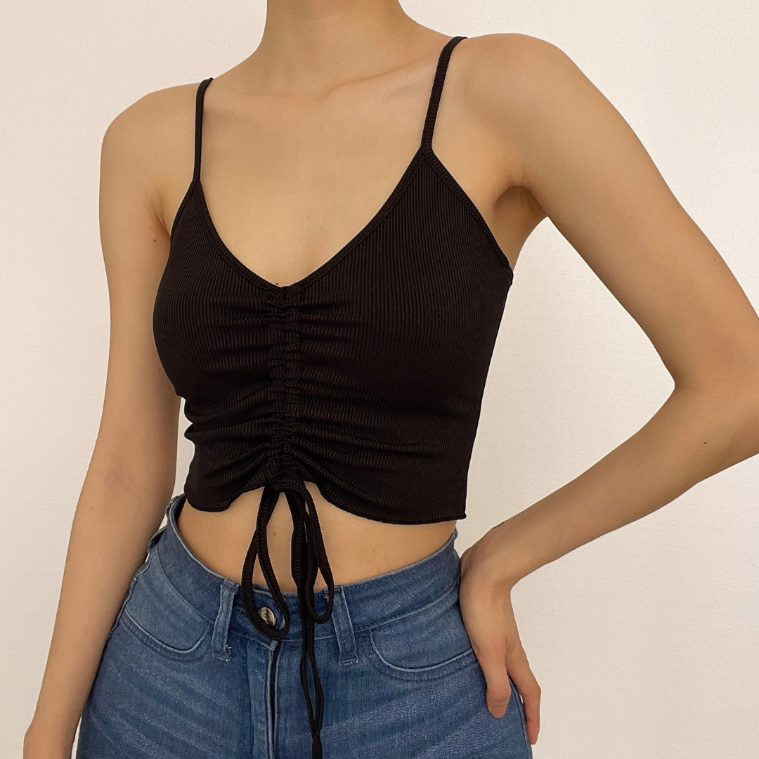 Drawstring 2-way ruched v neck ruffle solid cami top
