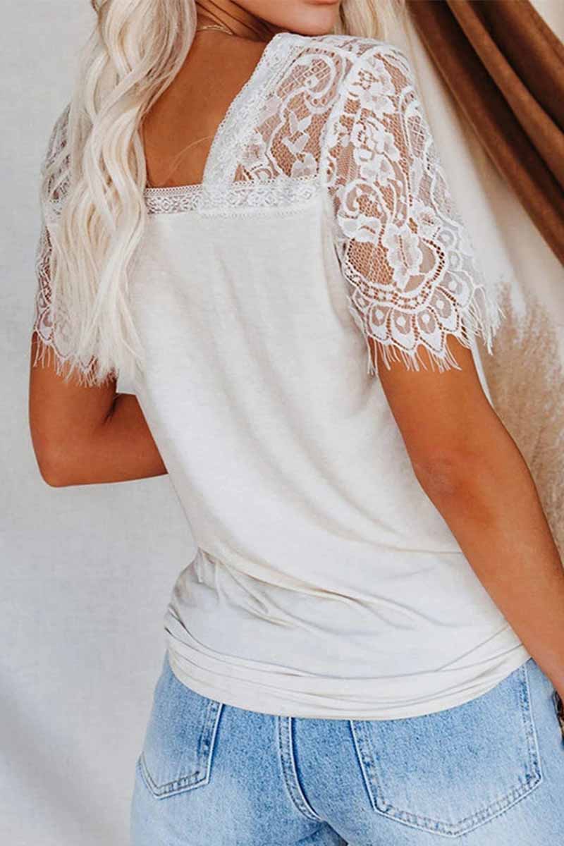 CityHottie New Women's Lace Short Sleeve V-Neck Tops