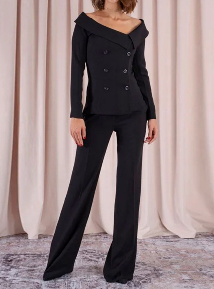 SEXY OFF-SHOULDER FULL SLEEVE BLAZER DOUBLE TWO PIECE SUIT