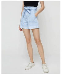 ELASTIC WAIST HEM WIDE LEG DENIM SHORTS