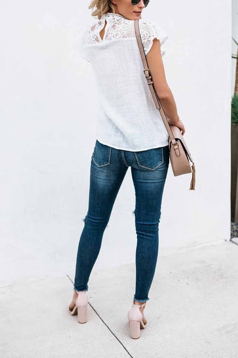 CityHottie Summer Geometric Stitching Lace Short Sleeves Tops