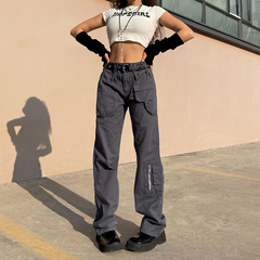 CityHottie - Vintage Streetwear Cargo Pants Women Harajuku Street Loose Straight Women Jeans Casual Slim Versatile High Waisted Jeans Pants