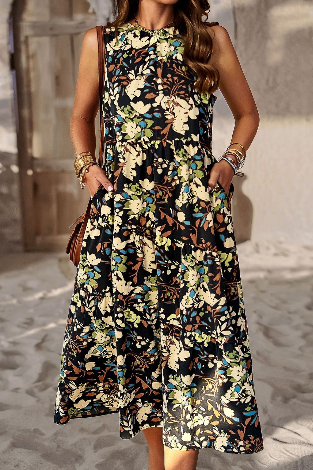 Printed Sleeveless Midi Dress with Pocket Black casual dress casual dresses clothes dress dresses DY midi dress midi dresses Ship From Overseas