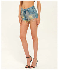 FRINGE DRILL CHAIN DENIM SHORTS