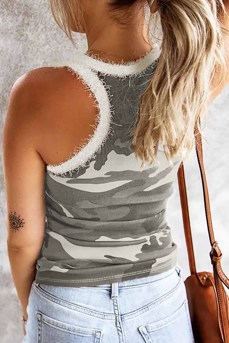 CityHottie Camouflage Stitching Plush Neckline Tops