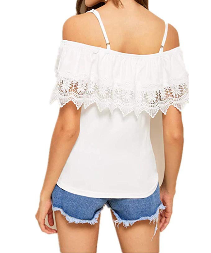 Women Cold Shoulder Shirt Guipure Lace Top Tunic Blouse S-XL