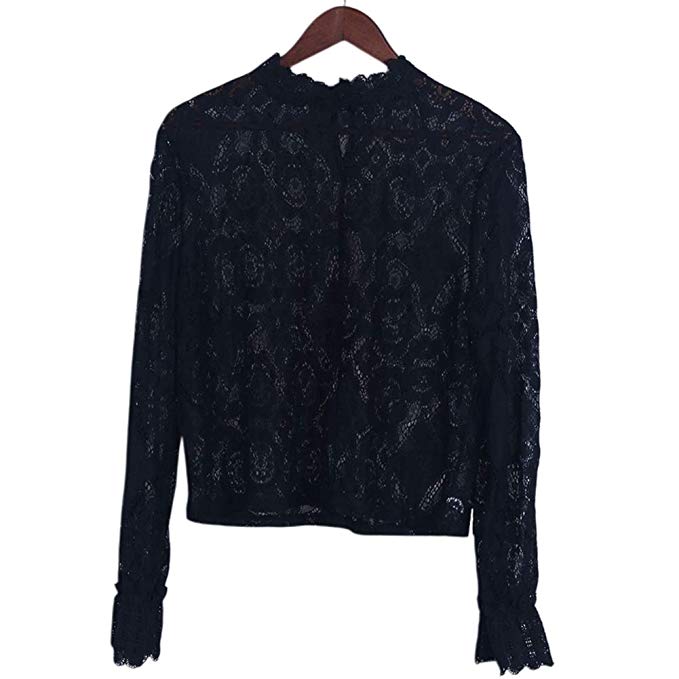 Women's Long Sleeve Lace Tops Casual Hollow Out Stand Collar Shirt Tees