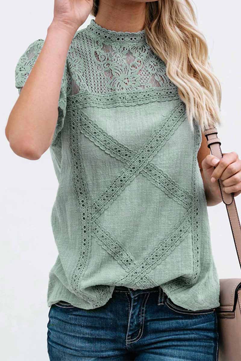 CityHottie Summer Geometric Stitching Lace Short Sleeves Tops