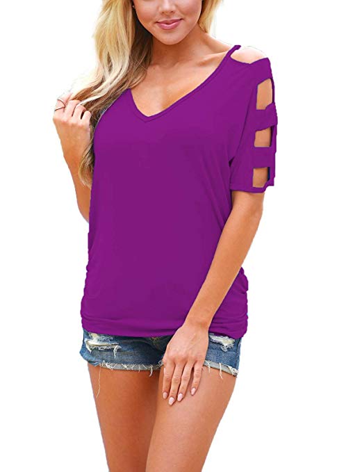Neck T Shirts Loose Cut Out Shoulder Tops