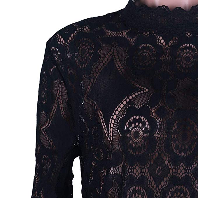 Women's Long Sleeve Lace Tops Casual Hollow Out Stand Collar Shirt Tees