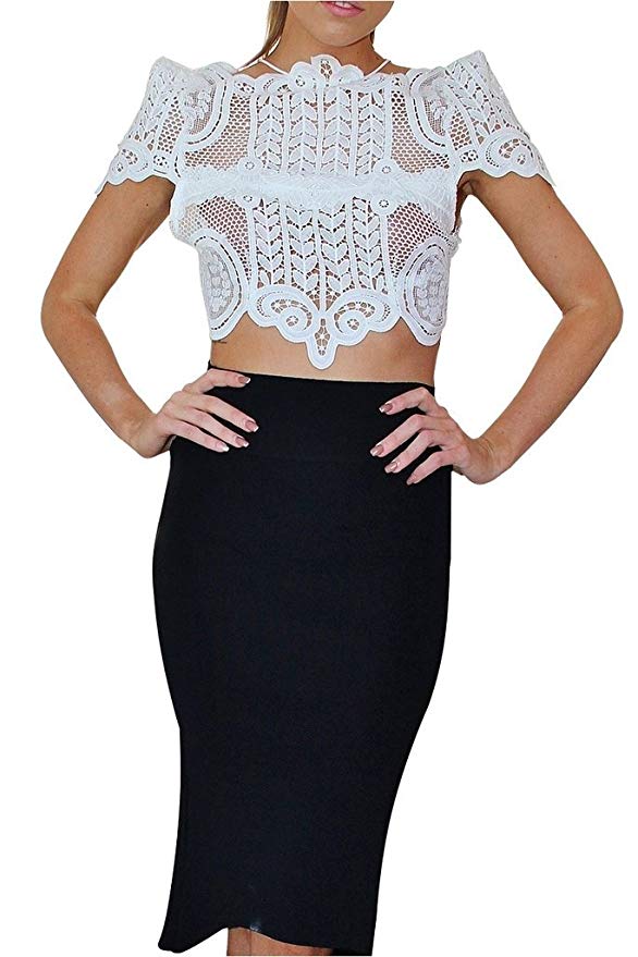 Women's Short Sleeve Sheer Mesh Floral Lace Crochet Crop Top Sexy Scallop Blouse