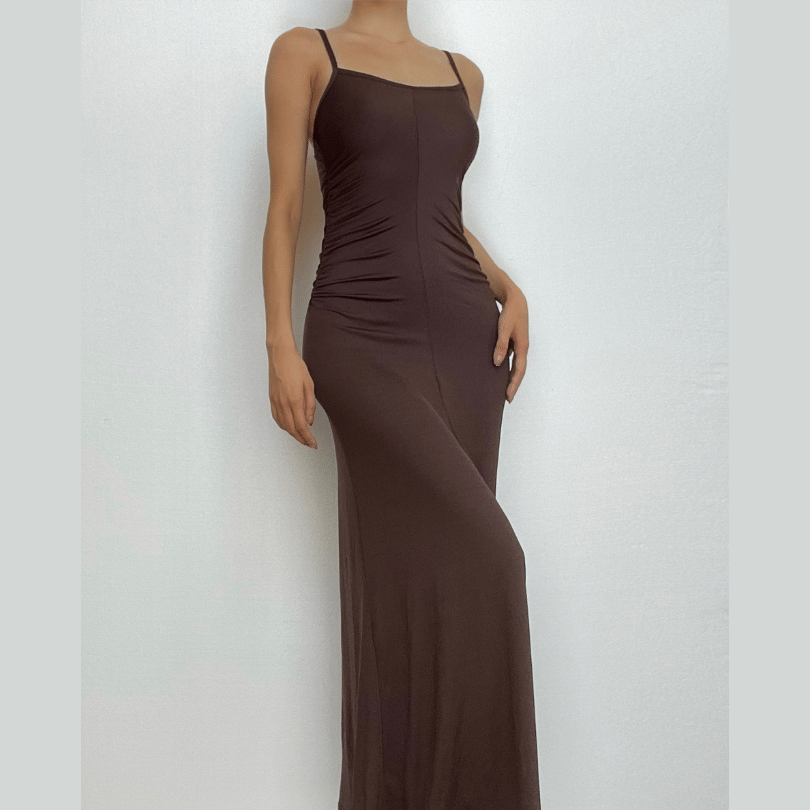Solid ruched u neck backless cami maxi dress