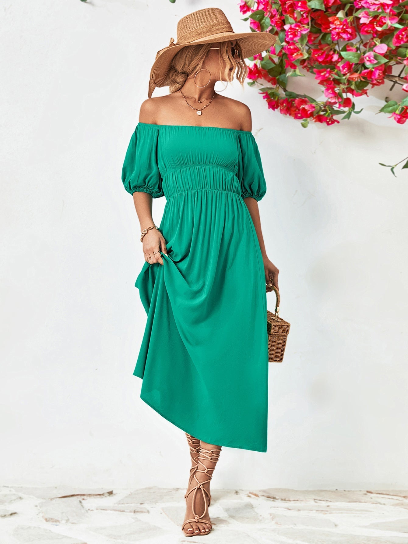 Off-Shoulder Balloon Casual Sleeve Midi Dress