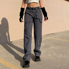 CityHottie - Vintage Streetwear Cargo Pants Women Harajuku Street Loose Straight Women Jeans Casual Slim Versatile High Waisted Jeans Pants