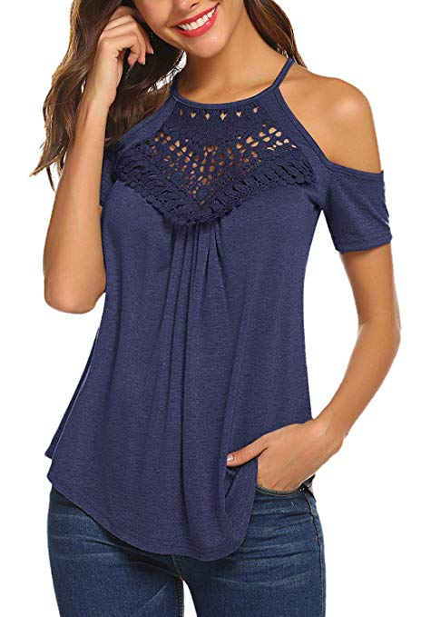 Women's Casual Short Sleeve Flowy Lace Cold Shoulder Summer Tops Blouses Basic Tee Shirt