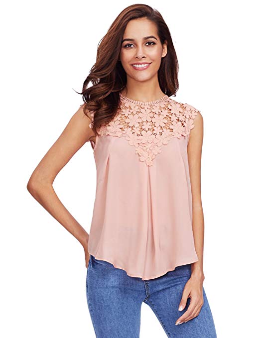 Women's Lace Neckline Sleeveless Chiffon Blouse Top