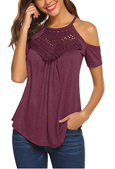 Women's Casual Short Sleeve Flowy Lace Cold Shoulder Summer Tops Blouses Basic Tee Shirt