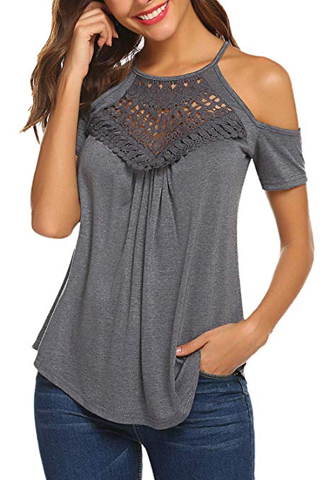 Women's Casual Short Sleeve Flowy Lace Cold Shoulder Summer Tops Blouses Basic Tee Shirt