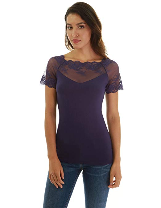 Women Scalloped Lace Inset V Neck Top