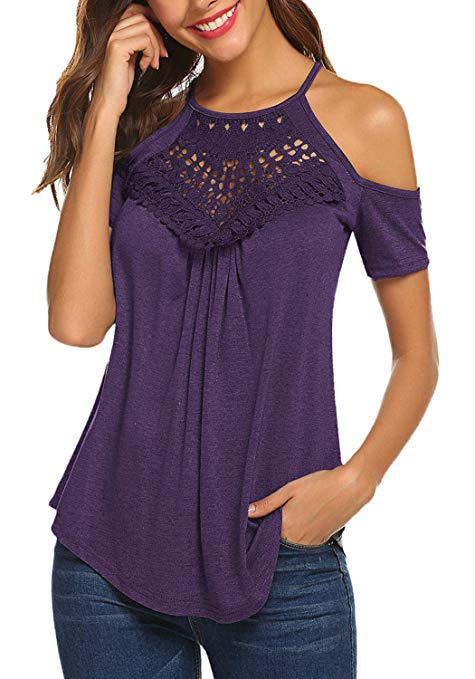 Women's Casual Short Sleeve Flowy Lace Cold Shoulder Summer Tops Blouses Basic Tee Shirt