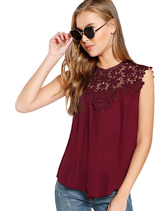 Women's Lace Neckline Sleeveless Chiffon Blouse Top