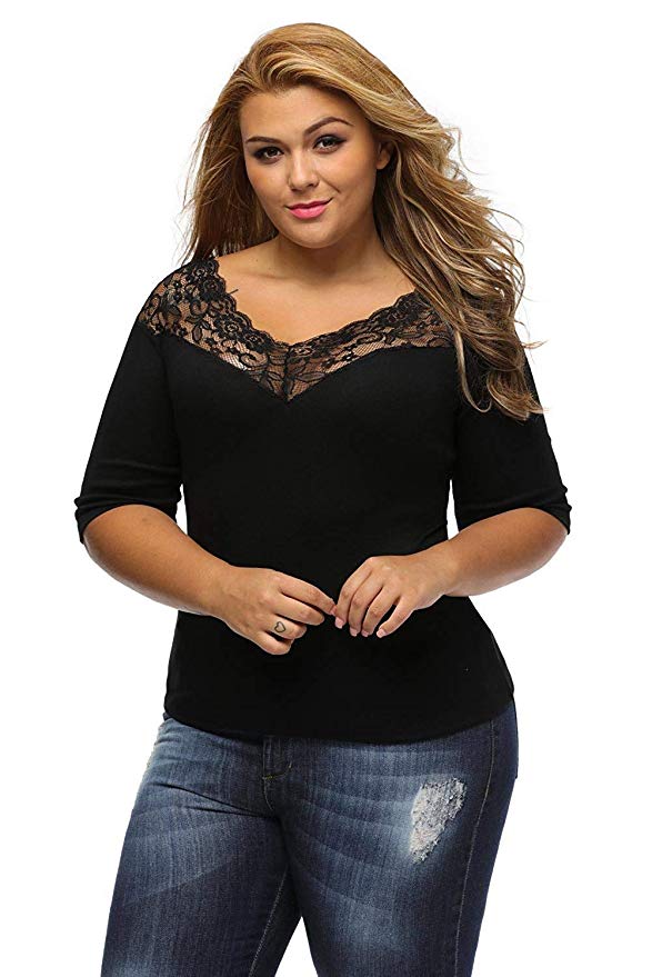 Women's 3/4 Sleeve Off Shoulder V Neck Tops Lace Neckline Spliced Blouse Shirts Plus Size