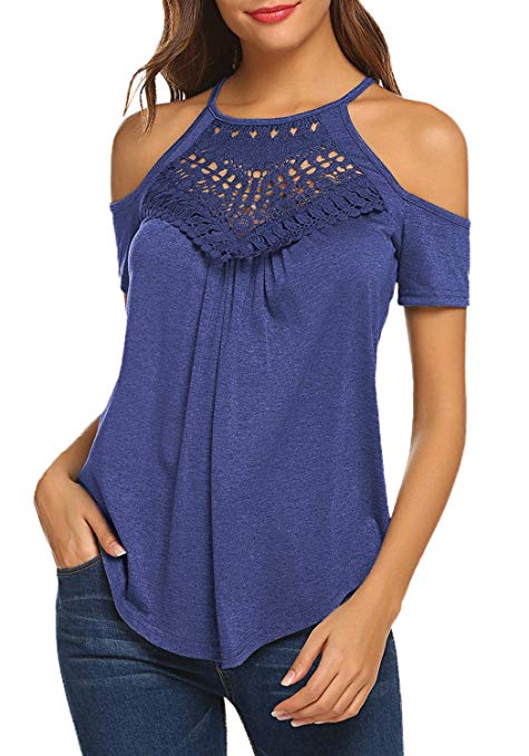 Women's Casual Short Sleeve Flowy Lace Cold Shoulder Summer Tops Blouses Basic Tee Shirt