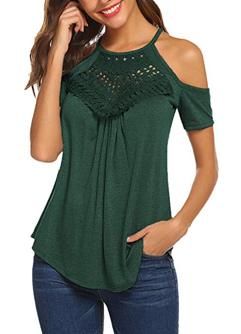 Women's Casual Short Sleeve Flowy Lace Cold Shoulder Summer Tops Blouses Basic Tee Shirt