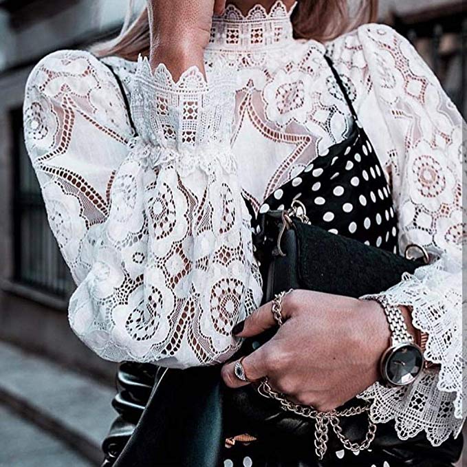 Women's Long Sleeve Lace Tops Casual Hollow Out Stand Collar Shirt Tees