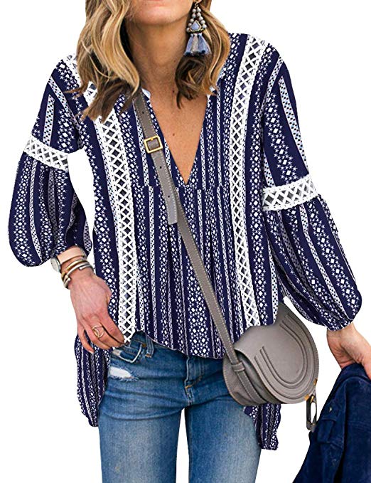 Women Long Sleeve V Neck Hollow Out Floral Print Shirt Tops Long Blouse Tee