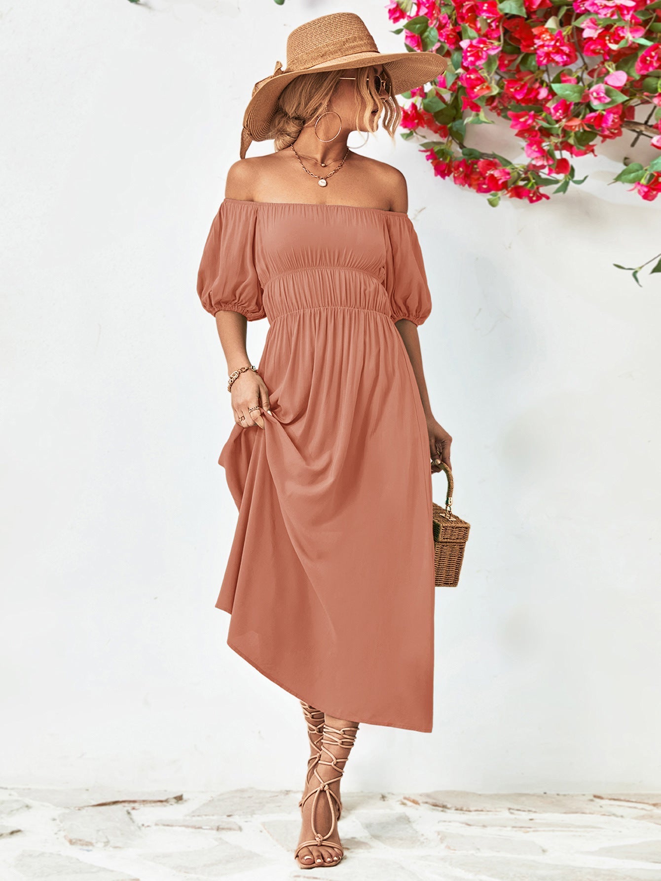 Off-Shoulder Balloon Casual Sleeve Midi Dress