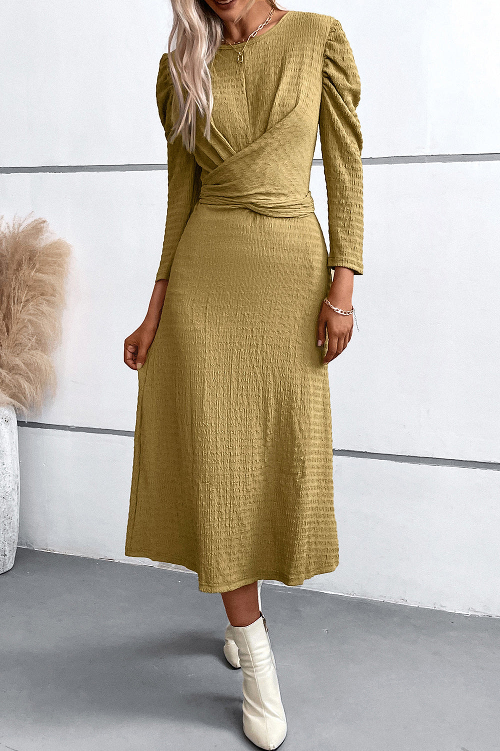 Crisscross Tied Puff Casual Long Sleeve Midi Dress