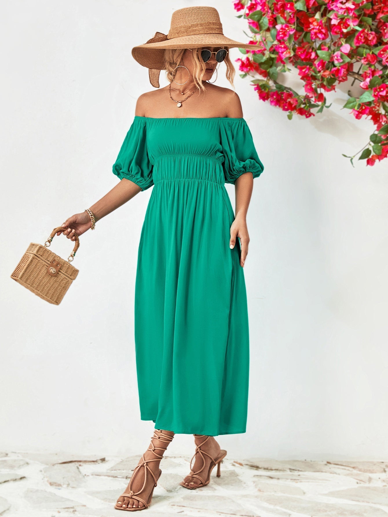 Off-Shoulder Balloon Casual Sleeve Midi Dress