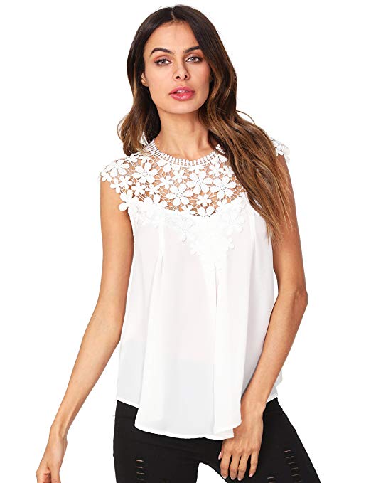 Women's Lace Neckline Sleeveless Chiffon Blouse Top