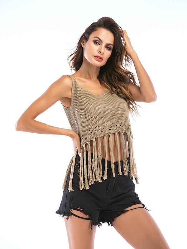 Short Style Sleeveless Fringed Top