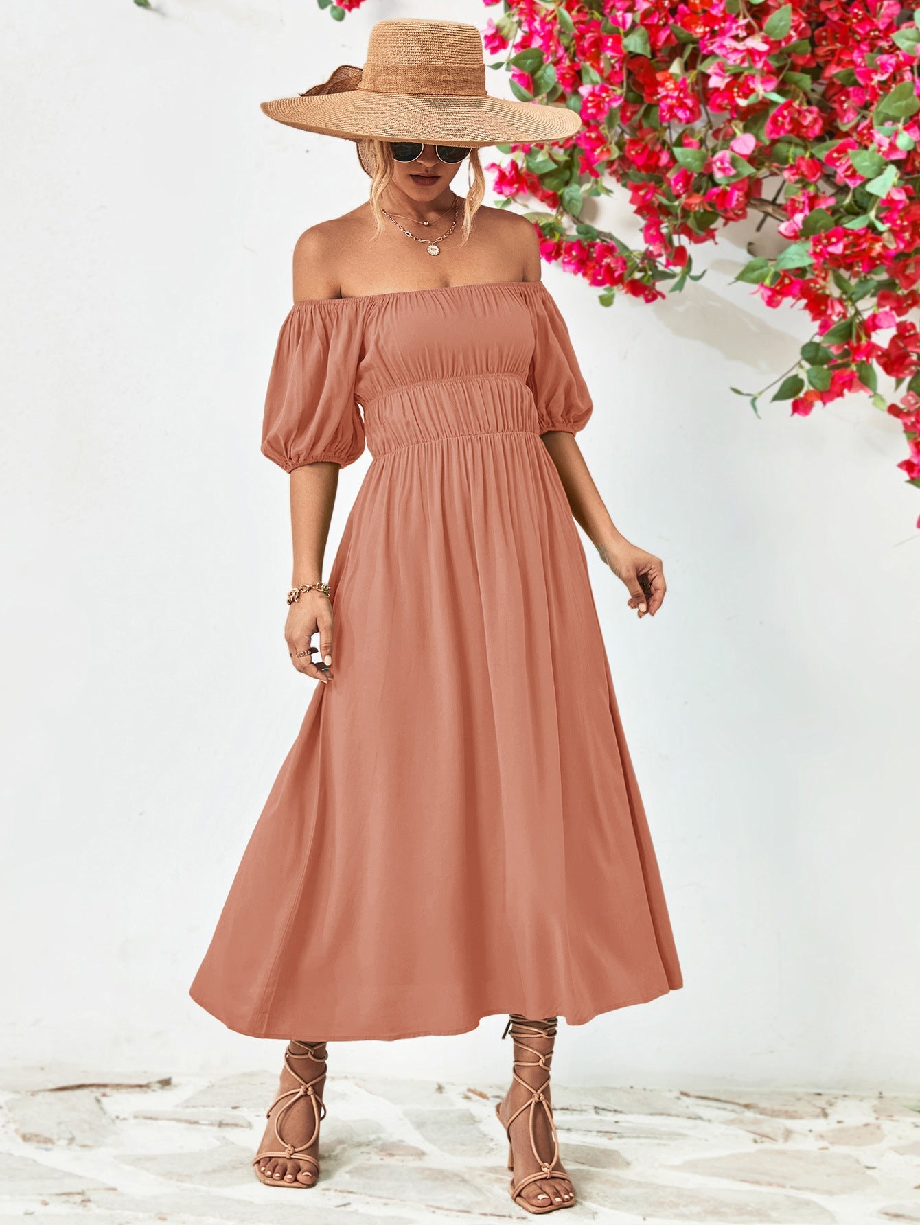 Off-Shoulder Balloon Casual Sleeve Midi Dress